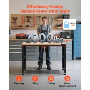 adjustable workbench, 2000 lbs capacity, 48 x 20 inch heavy duty work bench with 28.5 38.3 inches height adjustment, garage workbench with power outlets, suitable for office, garage, workshop