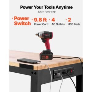 adjustable workbench, 2000 lbs capacity, 48 x 20 inch heavy duty work bench with 28.5 38.3 inches height adjustment, garage workbench with power outlets, suitable for office, garage, workshop