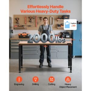 adjustable workbench, 2000 lbs capacity, 61 x 20 inch heavy duty work bench with 27.1 36 inches height adjustment, garage workbench with power outlets, suitable for office, garage, workshop