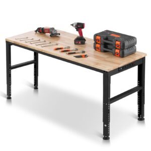 Adjustable Workbench, 2000 lbs Capacity, 61 x 20-inch Heavy Duty Work Bench with 27.1-36 Inches Height Adjustment, Garage Workbench with Power Outlets, Suitable for Office, Garage, Workshop