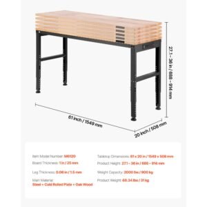 adjustable workbench, 2000 lbs capacity, 61 x 20 inch heavy duty work bench with 27.1 36 inches height adjustment, garage workbench with power outlets, suitable for office, garage, workshop
