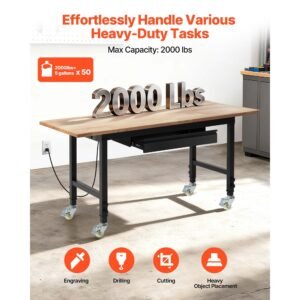 adjustable workbench on wheels, 2000 lbs capacity, 60 x 24 inch oak wood top workbench with drawer & power outlets, heavy duty hardwood worktable for garage, workshop, home, office, commercial