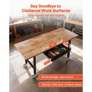 adjustable workbench on wheels, 2000 lbs capacity, 60 x 24 inch oak wood top workbench with drawer & power outlets, heavy duty hardwood worktable for garage, workshop, home, office, commercial