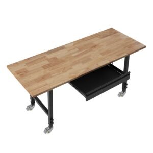 Adjustable Workbench on Wheels, 2000 lbs Capacity, 60 x 24 Inch Oak Wood Top Workbench with Drawer & Power Outlets, Heavy-Duty Hardwood Worktable for Garage, Workshop, Home, Office, Commercial