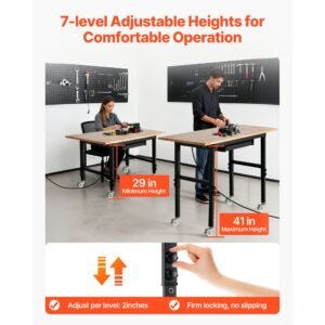 adjustable workbench on wheels, 2000 lbs capacity, 60 x 24 inch oak wood top workbench with drawer & power outlets, heavy duty hardwood worktable for garage, workshop, home, office, commercial