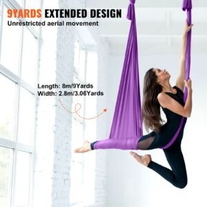aerial silk & yoga swing, 8.7 yards, aerial yoga hammock kit with 100gsm nylon fabric, full rigging hardware & easy set up guide, antigravity flying for all levels fitness bodybuilding, purple