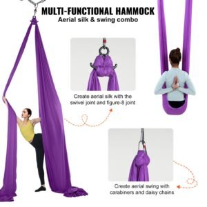 aerial silk & yoga swing, 8.7 yards, aerial yoga hammock kit with 100gsm nylon fabric, full rigging hardware & easy set up guide, antigravity flying for all levels fitness bodybuilding, purple