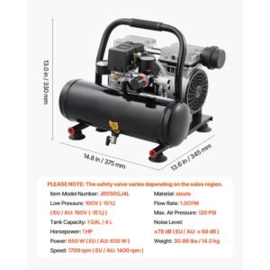 air compressor, 1 gallon steel tank, 1hp 1.5 cfm 90psi oil free air compressor & max. 120psi pressure, 78db ultra quiet portable compressor, for auto repair, tire inflation, spray painting