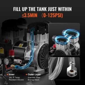 air compressor, 10 gallon steel tank, 2hp 5.3 cfm@90 psi oil free air compressor & max. 125psi pressure, 78db ultra quiet portable compressor, for auto repair, tire inflation, spray painting