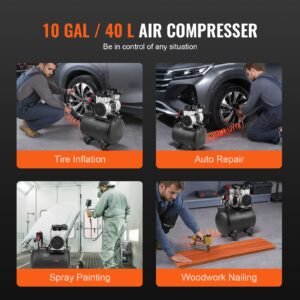 air compressor, 10 gallon steel tank, 2hp 5.3 cfm@90 psi oil free air compressor & max. 125psi pressure, 78db ultra quiet portable compressor, for auto repair, tire inflation, spray painting