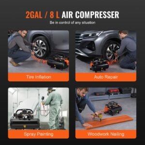 air compressor, 2 gallon steel tank, 1hp 2.1 cfm 8bar oil free air compressor & max. 120psi pressure, 81db ultra quiet portable compressor, for auto repair, tire inflation, spray painting