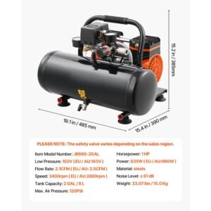 air compressor, 2 gallon steel tank, 1hp 2.1 cfm 8bar oil free air compressor & max. 120psi pressure, 81db ultra quiet portable compressor, for auto repair, tire inflation, spray painting