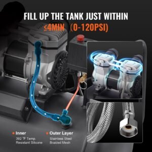 air compressor, 8 gallon steel tank, 1hp 2.2 cfm@90 psi oil free air compressor & max. 120psi pressure, 80db ultra quiet portable compressor, for auto repair, tire inflation, spray painting
