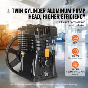 air compressor pump head, 3hp 5.8cfm @ 90psi, twin cylinder oil lubricated air compressor piston pump head, single stage aluminum air compressor pump replacement with max. 116psi pressure