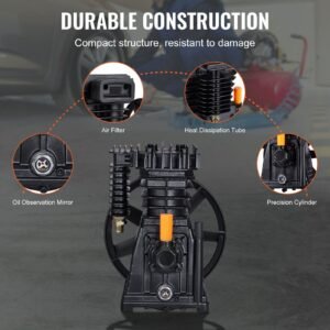 air compressor pump head, 3hp 5.8cfm @ 90psi, twin cylinder oil lubricated air compressor piston pump head, single stage aluminum air compressor pump replacement with max. 116psi pressure