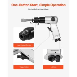 air hammer, 4500bpm pneumatic hammer with 1.57 inch stroke & 4pcs chisels round shank, lightweight & compact air chisel pneumatic shovel tool for cutting punching scraping