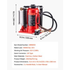 air hydraulic bottle jack, 20 ton (44092 lbs) capacity, 10.2 19.5 inch lifting range, pneumatic/manual heavy duty welded bottle jack with pump for car, suv, pickup, truck, rv, auto repair, red