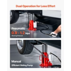 air hydraulic bottle jack, 20 ton (44092 lbs) capacity, 10.2 19.5 inch lifting range, pneumatic/manual heavy duty welded bottle jack with pump for car, suv, pickup, truck, rv, auto repair, red