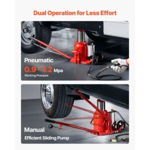 air hydraulic bottle jack, 50 ton (110231.5 lbs) capacity, 10.4 16.1 inch lifting range, pneumatic/manual heavy duty welded bottle jack with pump for car, suv, pickup, truck, rv auto repair, red