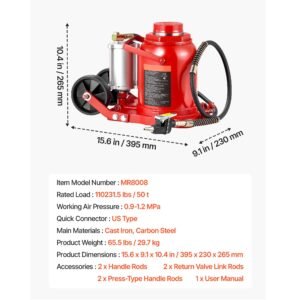 air hydraulic bottle jack, 50 ton (110231.5 lbs) capacity, 10.4 16.1 inch lifting range, pneumatic/manual heavy duty welded bottle jack with pump for car, suv, pickup, truck, rv auto repair, red