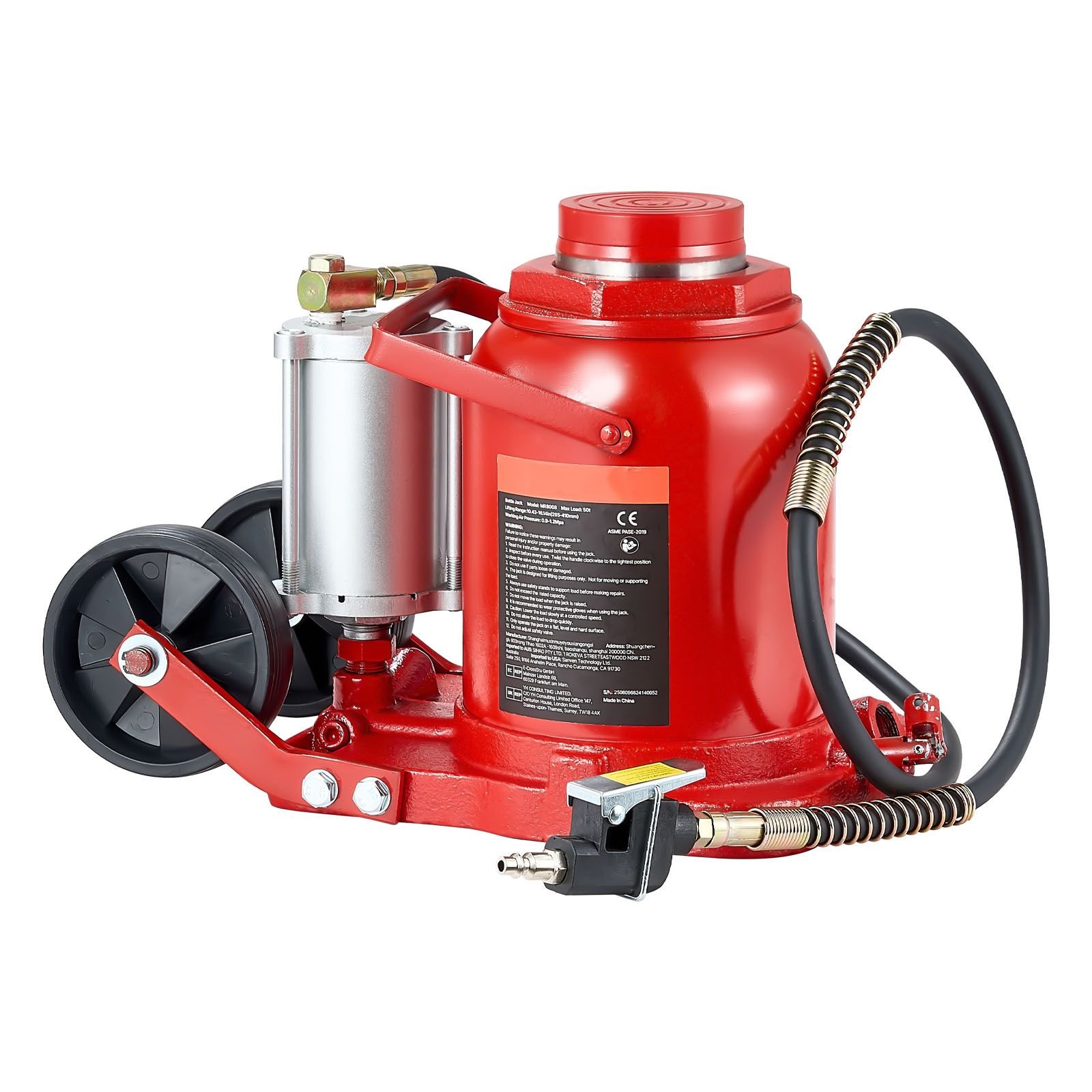 air hydraulic bottle jack, 50 ton (110231.5 lbs) capacity, 10.4 16.1 inch lifting range, pneumatic/manual heavy duty welded bottle jack with pump for car, suv, pickup, truck, rv auto repair, red
