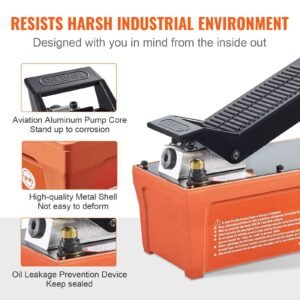 air hydraulic pump, 10,000 psi 1/2 gal reservoir, npt 3/8" oil outlet, npt 1/4" inlet, 6.6 ft pipe, foot actuated hydraulic pump air treadle for auto body frame machines and pulling post, orange