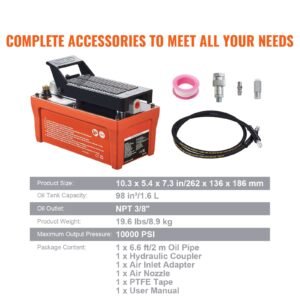 air hydraulic pump, 10,000 psi 1/2 gal reservoir, npt 3/8" oil outlet, npt 1/4" inlet, 6.6 ft pipe, foot actuated hydraulic pump air treadle for auto body frame machines and pulling post, orange