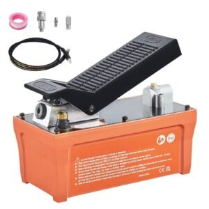 air hydraulic pump, 10,000 psi 1/2 gal reservoir, npt 3/8" oil outlet, npt 1/4" inlet, 6.6 ft pipe, foot actuated hydraulic pump air treadle for auto body frame machines and pulling post, orange