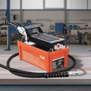 air hydraulic pump, 10,000 psi 1/2 gal reservoir, npt 3/8" oil outlet, npt 1/4" inlet, 6.6 ft pipe, foot actuated hydraulic pump air treadle for auto body frame machines and pulling post, orange