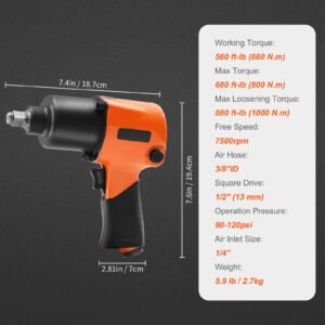 air impact wrench, 1/2" drive air impact gun up to 880ft lbs nut busting torque, 7500rpm lightweight pneumatic tool for auto repairs and maintenance