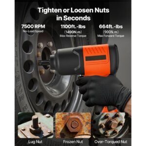 air impact wrench, 1/2" drive pneumatic impact wrench up to 1100 ft lbs reverse torque, 7500rpm 4 speed adjustable & lightweight pneumatic gun for auto repairs and maintenance