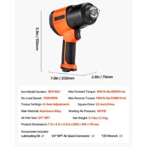air impact wrench, 1/2" drive pneumatic impact wrench up to 1100 ft lbs reverse torque, 7500rpm 4 speed adjustable & lightweight pneumatic gun for auto repairs and maintenance
