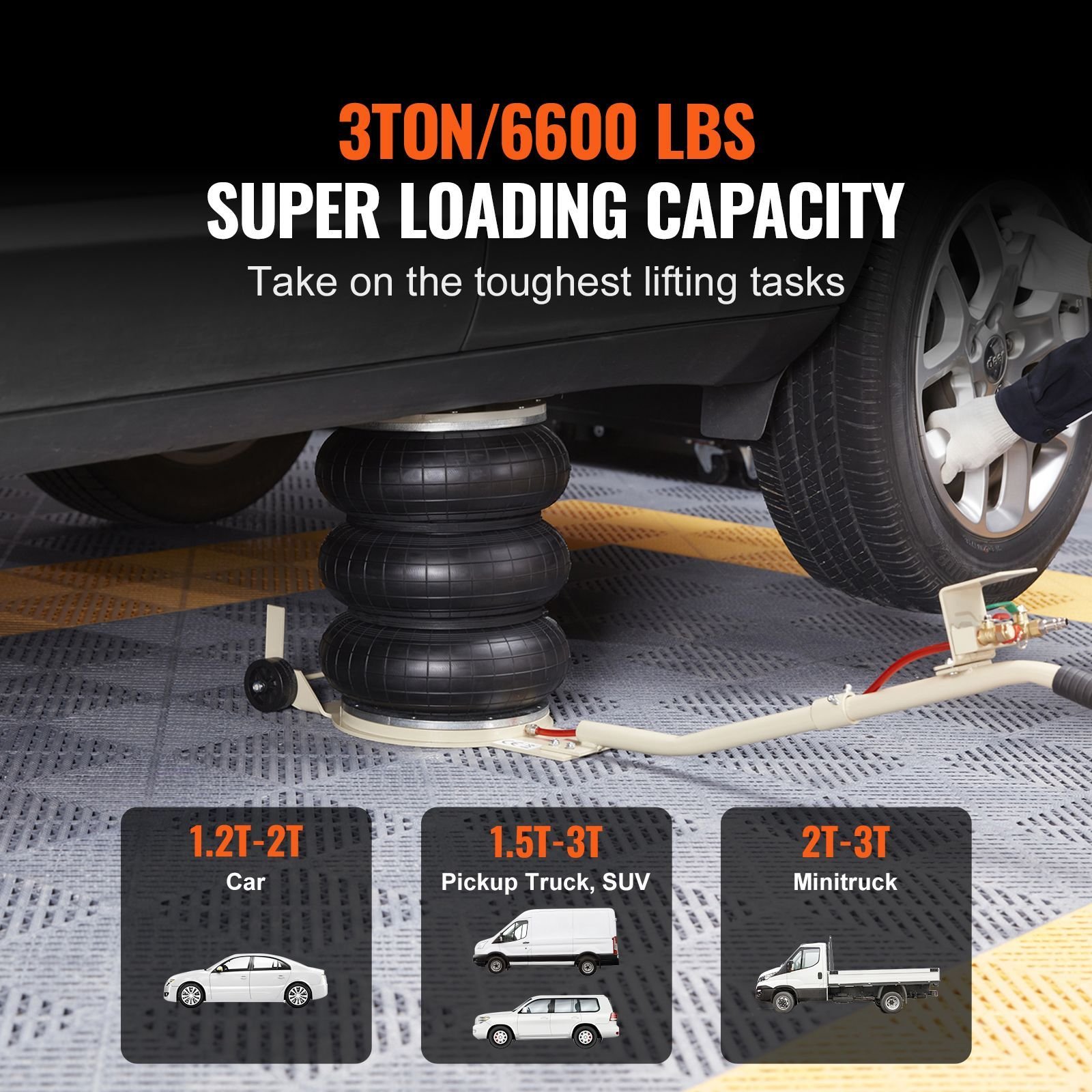 air jack, 3t / 6600 lbs triple bag air jack, airbag jack with six steel pipes, lift up to 17.7 inch/450 mm, 3 5 s fast lifting pneumatic jack, with long handles for car, garage, repair