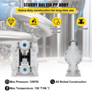 air operated double diaphragm pump 1 inch inlet/outlet 30gpm polypropylene max 120psi for chemical and industrial use