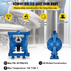 air operated double diaphragm pump, 1/2 in inlet & outlet, cast iron body, 3 gpm & max 90 psi, nitrile diaphragm pneumatic transfer pump for petroleum, diesel, oil & low viscosity fluids