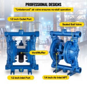 air operated double diaphragm pump, 1/2 in inlet & outlet, cast iron body, 3 gpm & max 90 psi, nitrile diaphragm pneumatic transfer pump for petroleum, diesel, oil & low viscosity fluids
