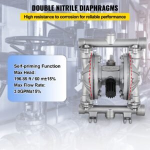 air operated double diaphragm pump, 1/2 in inlet & outlet, stainless steel body, 8.8 gpm & max 120psi, ptfe diaphragm pneumatic transfer pump for petroleum, diesel, oil & low viscosity fluids