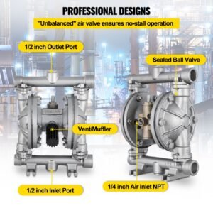 air operated double diaphragm pump, 1/2 in inlet & outlet, stainless steel body, 8.8 gpm & max 120psi, ptfe diaphragm pneumatic transfer pump for petroleum, diesel, oil & low viscosity fluids