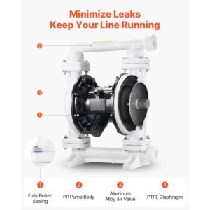 air operated double diaphragm pump, 25 gpm, 1 inch inlet & outlet pneumatic waste oil transfer pump, max 100 psi, polypropylene body, air operated for diesel, grease, kerosene, gasoline & oil