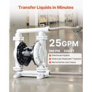 air operated double diaphragm pump, 25 gpm, 1 inch inlet & outlet pneumatic waste oil transfer pump, max 100 psi, polypropylene body, air operated for diesel, grease, kerosene, gasoline & oil