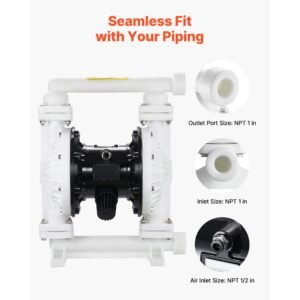 air operated double diaphragm pump, 25 gpm, 1 inch inlet & outlet pneumatic waste oil transfer pump, max 100 psi, polypropylene body, air operated for diesel, grease, kerosene, gasoline & oil
