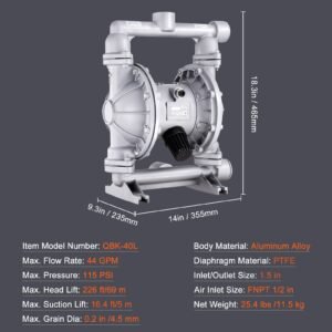 air operated double diaphragm pump, 44gpm, max 115psi air waste oil pneumatic transfer pump with 2 extra diaphragms, 1 1/2 inch inlet & outlet aluminum alloy diaphragm pump for diesel grease oil