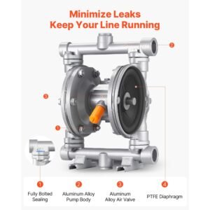air operated double diaphragm pump, 6.6 gpm, 3/8 inch inlet & outlet pneumatic waste oil transfer pump, max 100 psi, aluminum alloy body, air operated for diesel, grease, kerosene, gasoline