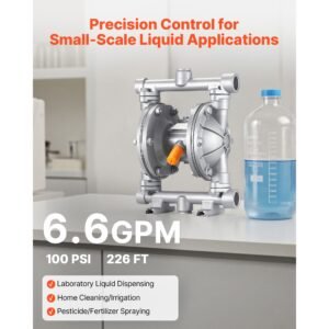 air operated double diaphragm pump, 6.6 gpm, 3/8 inch inlet & outlet pneumatic waste oil transfer pump, max 100 psi, aluminum alloy body, air operated for diesel, grease, kerosene, gasoline