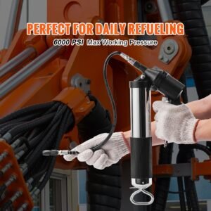 air operated grease gun, 6000psi, 14 oz/400 cc capacity heavy duty pneumatic grease gun, with 18.5 inch flexible hose, 1 black flat coupler pointed coupler bent metal pipe locking clamp coupler