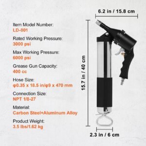 air operated grease gun, 6000psi, 14 oz/400 cc capacity heavy duty pneumatic grease gun, with 18.5 inch flexible hose, 1 black flat coupler pointed coupler bent metal pipe locking clamp coupler