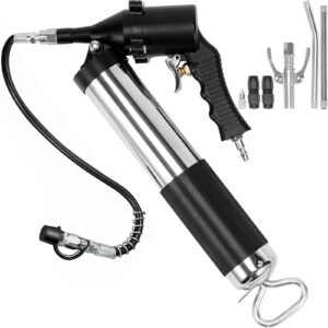air operated grease gun, 6000psi, 14 oz/400 cc capacity heavy duty pneumatic grease gun, with 18.5 inch flexible hose, 1 black flat coupler pointed coupler bent metal pipe locking clamp coupler