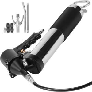 Air Operated Grease Gun, 6000PSI, 14 OZ/400 CC Capacity Heavy Duty Pneumatic Grease Gun, with 18.5 Inch Flexible Hose, 1 Black Flat Coupler Pointed Coupler Bent Metal Pipe Locking Clamp Coupler