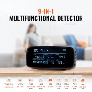 air quality monitor 9 in 1, co2, temperature, humidity, formaldehyde tvoc aqi tester, professional pm2.5 pm10 pm1.0 particle counter for indoor/outdoor, air quality meter w/alarm thresholds