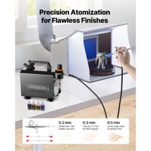 airbrush kit, 1/6 hp, air brush kit with air compressor, 1 dual action professional airbrush with 3 tips, hose, acrylic paint, brush, low noise, for cake decorating, model painting, nail art